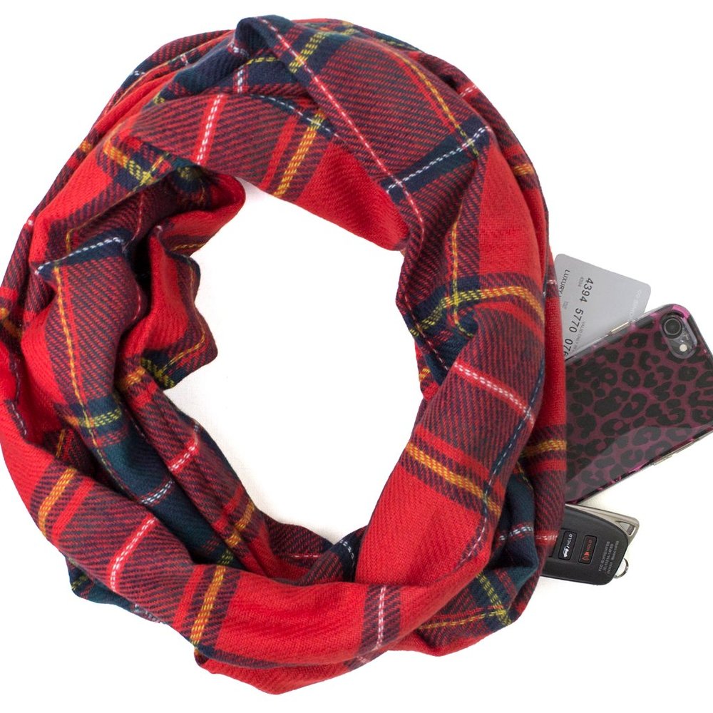 Red Multi Plaid Infinity Scarf with Hidden Zipper Pocket Scarf